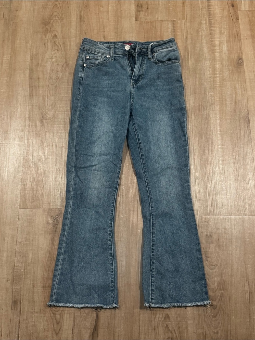 Guess Denim Flare Jeans in Medium Blue with Frayed Hem